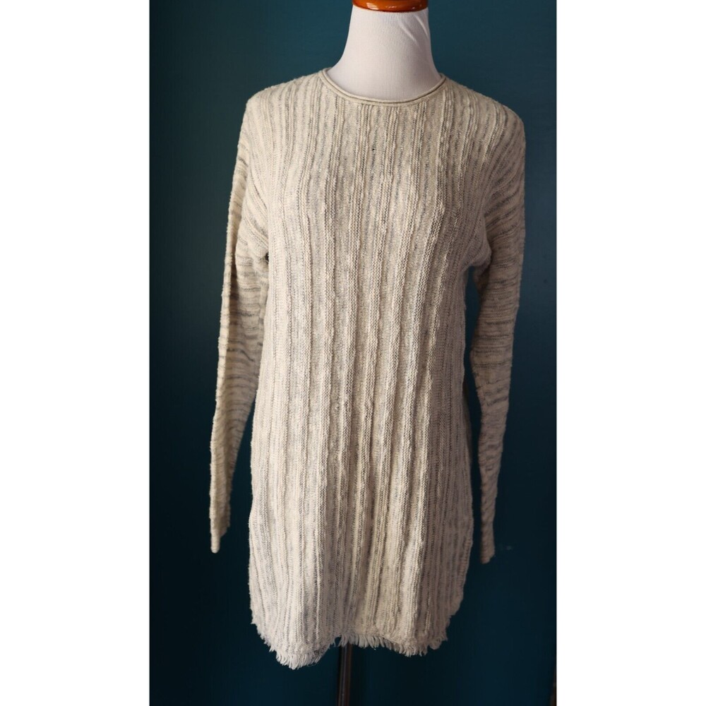 J. Jill Button Back Fringe Hem Neutral Boho Tunic Long  ivory Grey Sweater S
